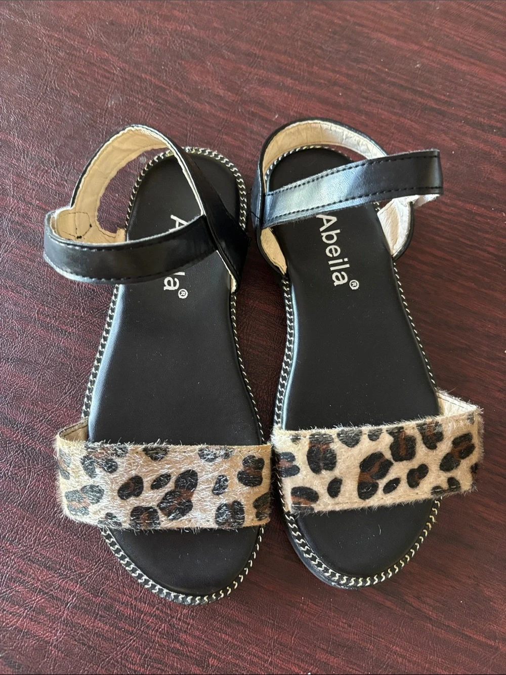 Abeila Girls' Black Sandals with Leopard Print Front Strap